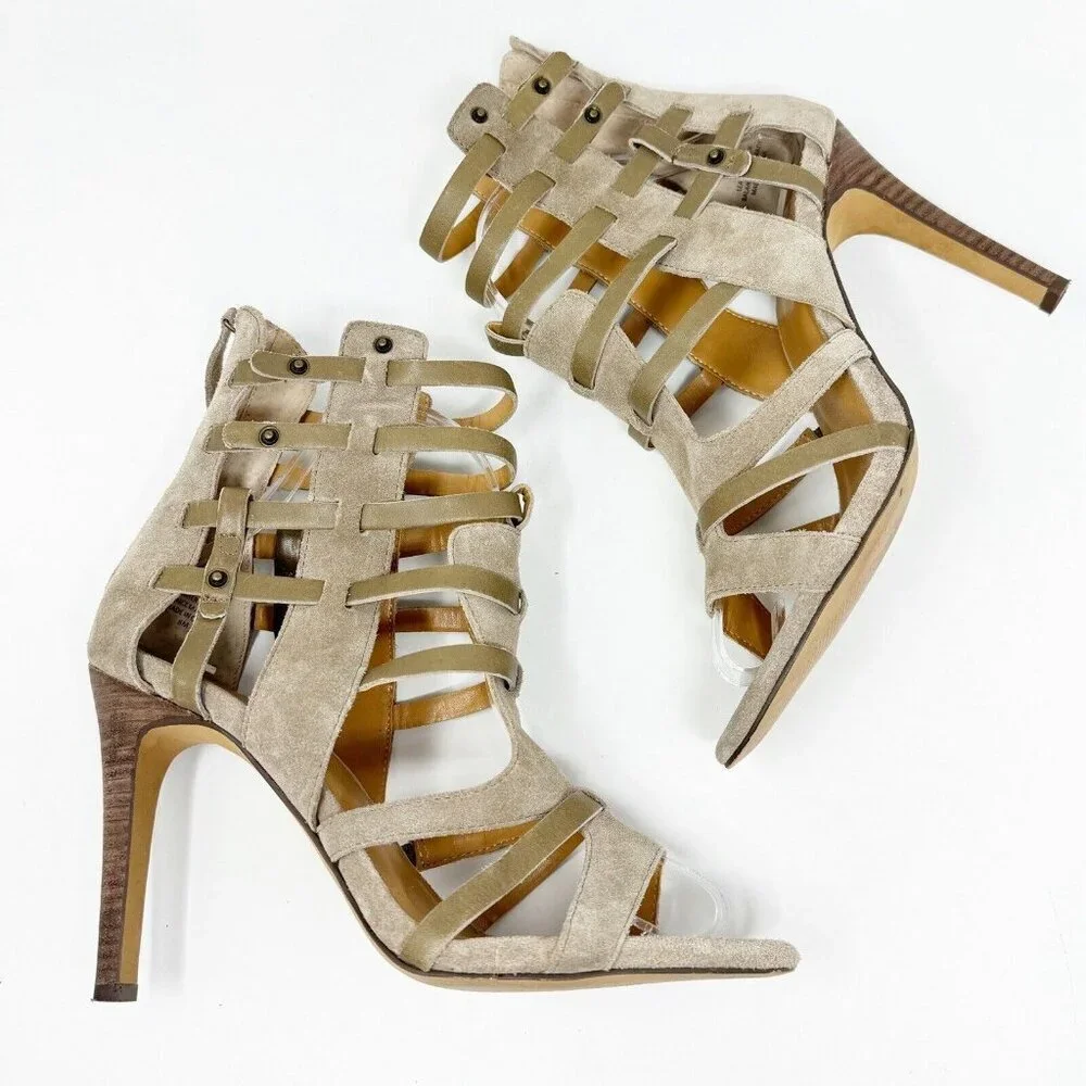 Levity Gladie Strappy Leather Stacked‎ Heel Taupe Gladiator Tan Ankle Mule 8
